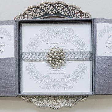 G Designers Grey Silk Box Wedding Invitation 1