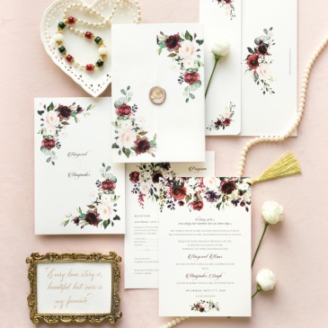 G Designers Ivory Burgundy Florals Wedding Invite 1