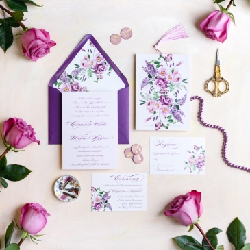 G Designers Purple Florals Calligraphy Wedding Invitation 1