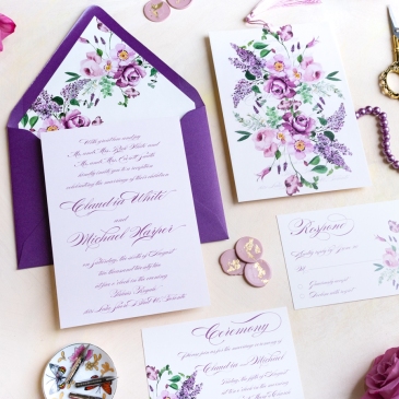 G Designers Purple Florals Calligraphy Wedding Invitation 3