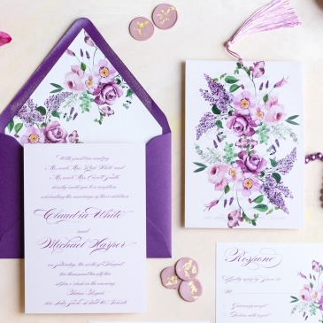 G Designers Purple Florals Calligraphy Wedding Invitation 4
