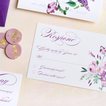 G Designers Purple Florals Calligraphy Wedding Invitation 6