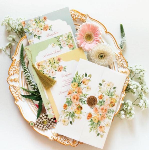 Summer florals vellum wrap: Sikh wedding invitation
